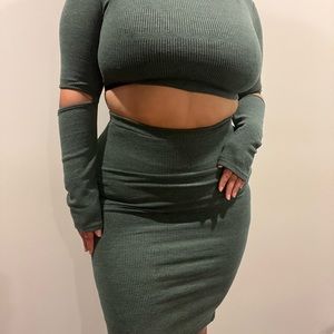Fashion Nova Green long sleeve cut out detail and tube midi skirt